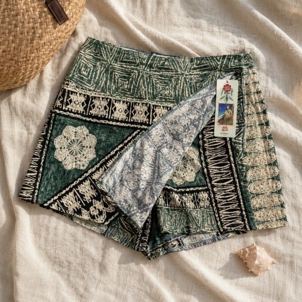 Vintage‎ Hilo Hattie Hawaiian Tribal Print Skort XL Green Wrap Cotton USA